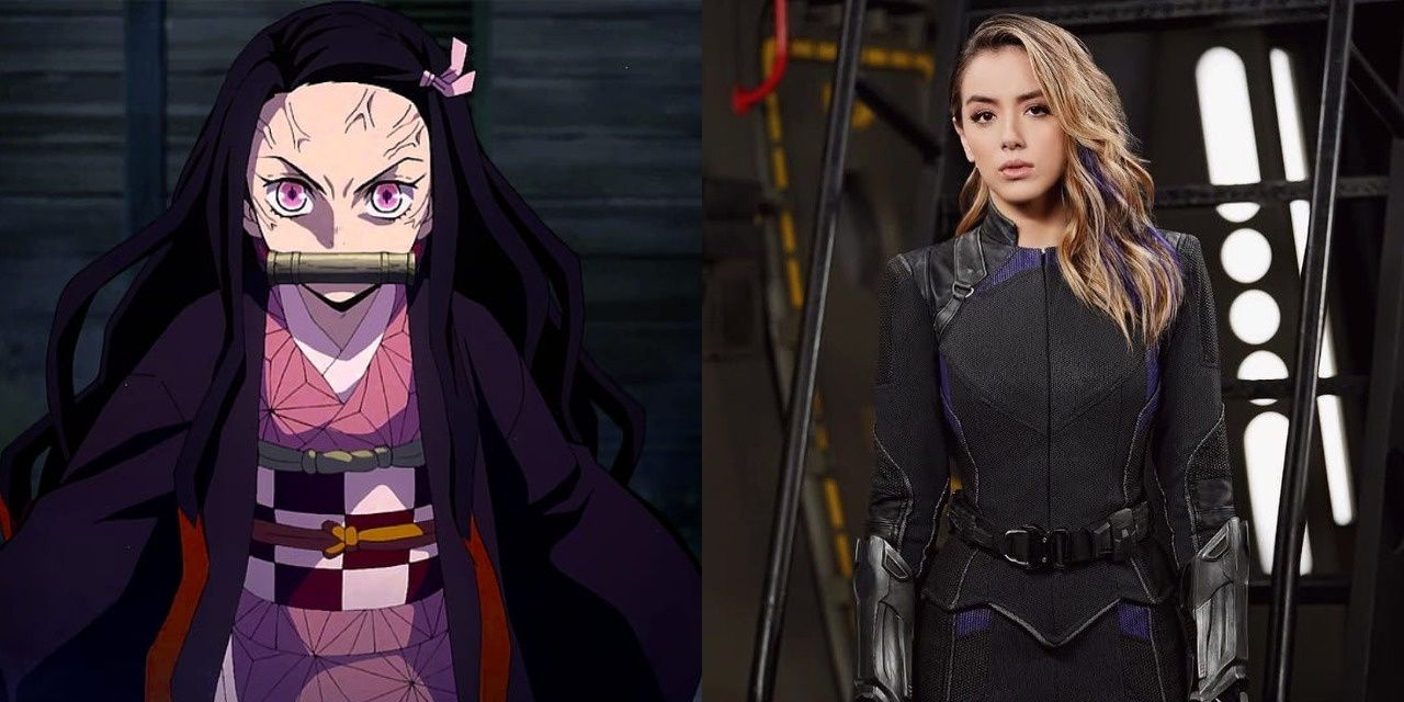 A split image of Nezuko in a kimono and a muzzle and Chloe Bennet on right