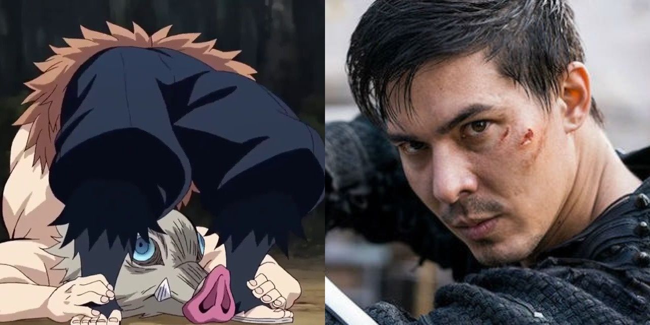 A split image of Inosuke from Demon Slayer on left and Lewis Tan on right