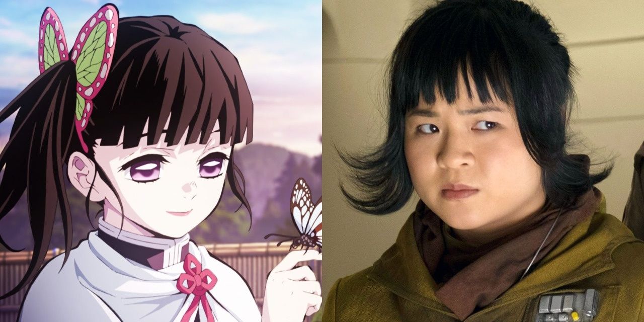 A split image of Kanao Tsuyuri from Demon Slayer and on right Kelly Marie Tran in The Last Jedi