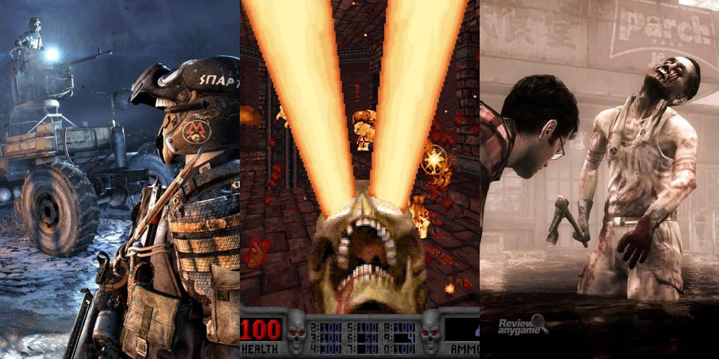 Split image of Metro 2033, Blood: Fresh Supply, and a man and a zombie in Siren Blood Curse.