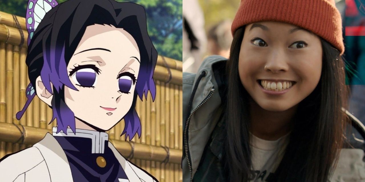 A split image of Shinobu from Demon Slayer and Awkwafina from Ocean's Eight