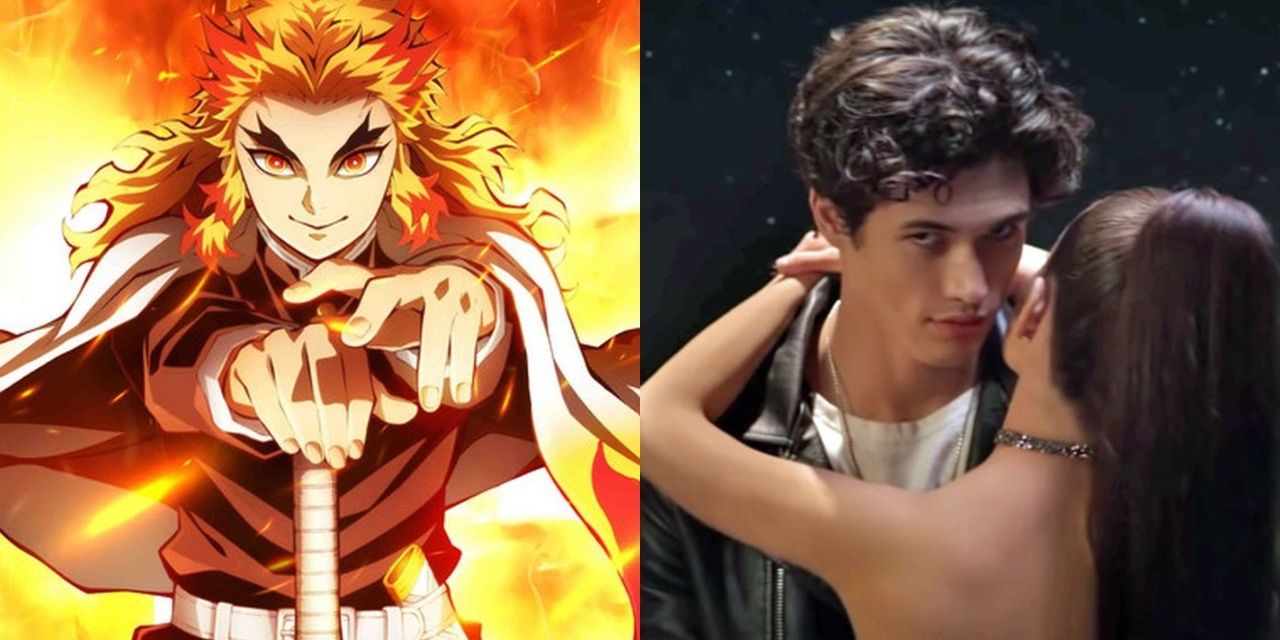 A split image of Kyojuro in Demon Slayer and on right Charles Melton