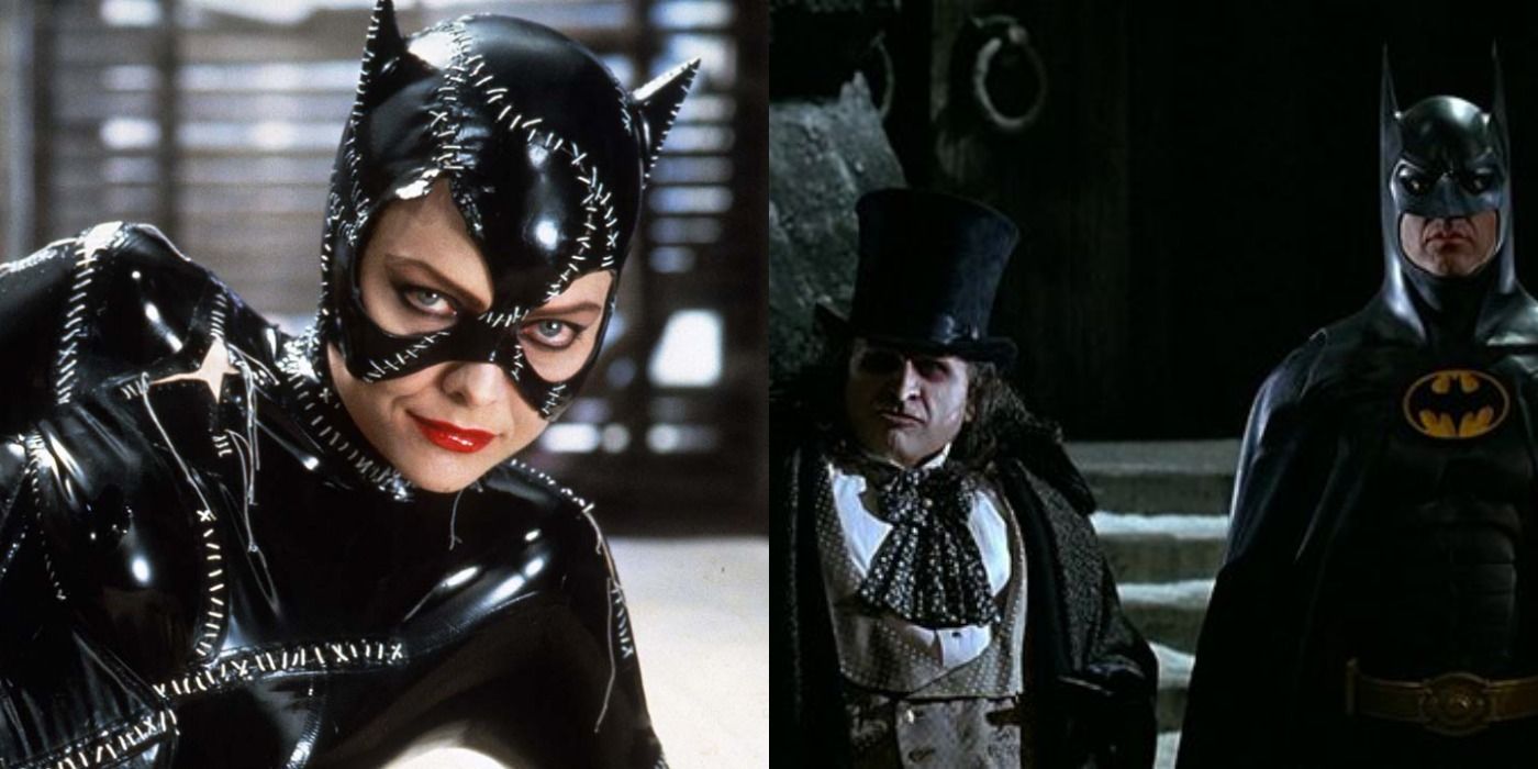 Split image of Catwoman lying on a bed &amp; Batman and Penguin looking at the camera in Batman Returns.
