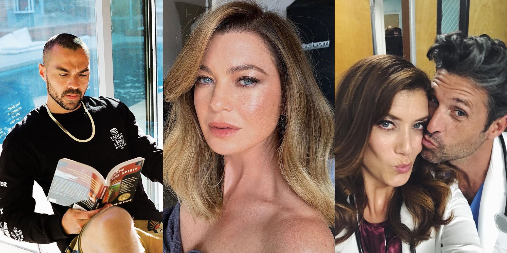 Split images of Jesse Williams reading a book, Ellen Popmpeo, and Kate Walsh and Patrick Dempsey pouting.
