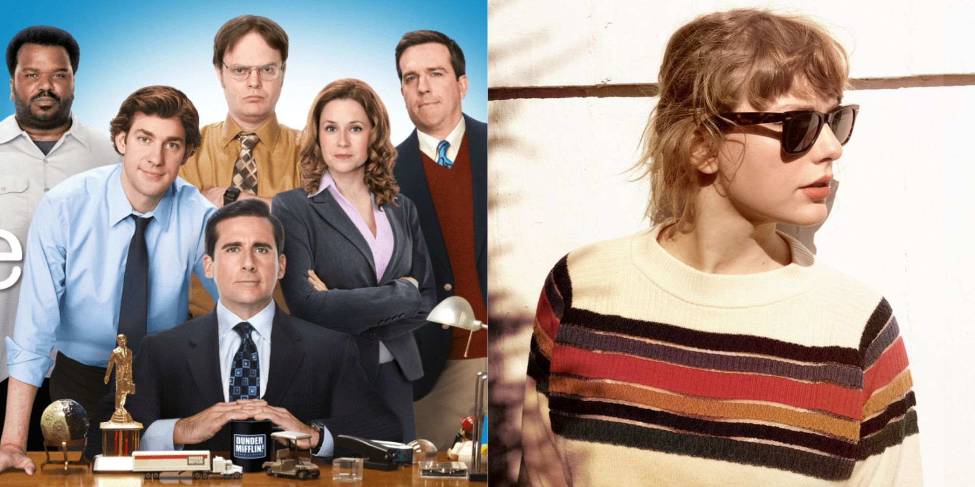 Two side by side images of the gang from The Office and Taylor Swift.