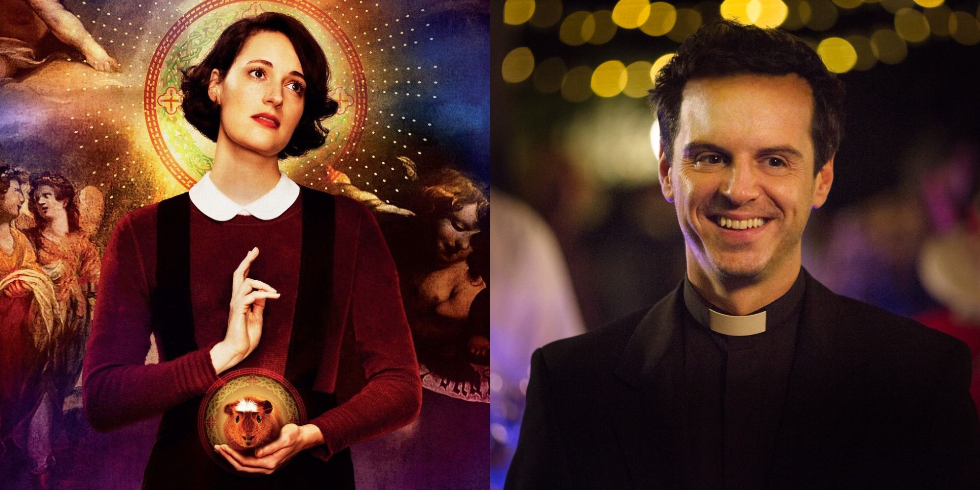 Split image of Fleabag dressed as a nun, and The Priest laughing in Fleabag.