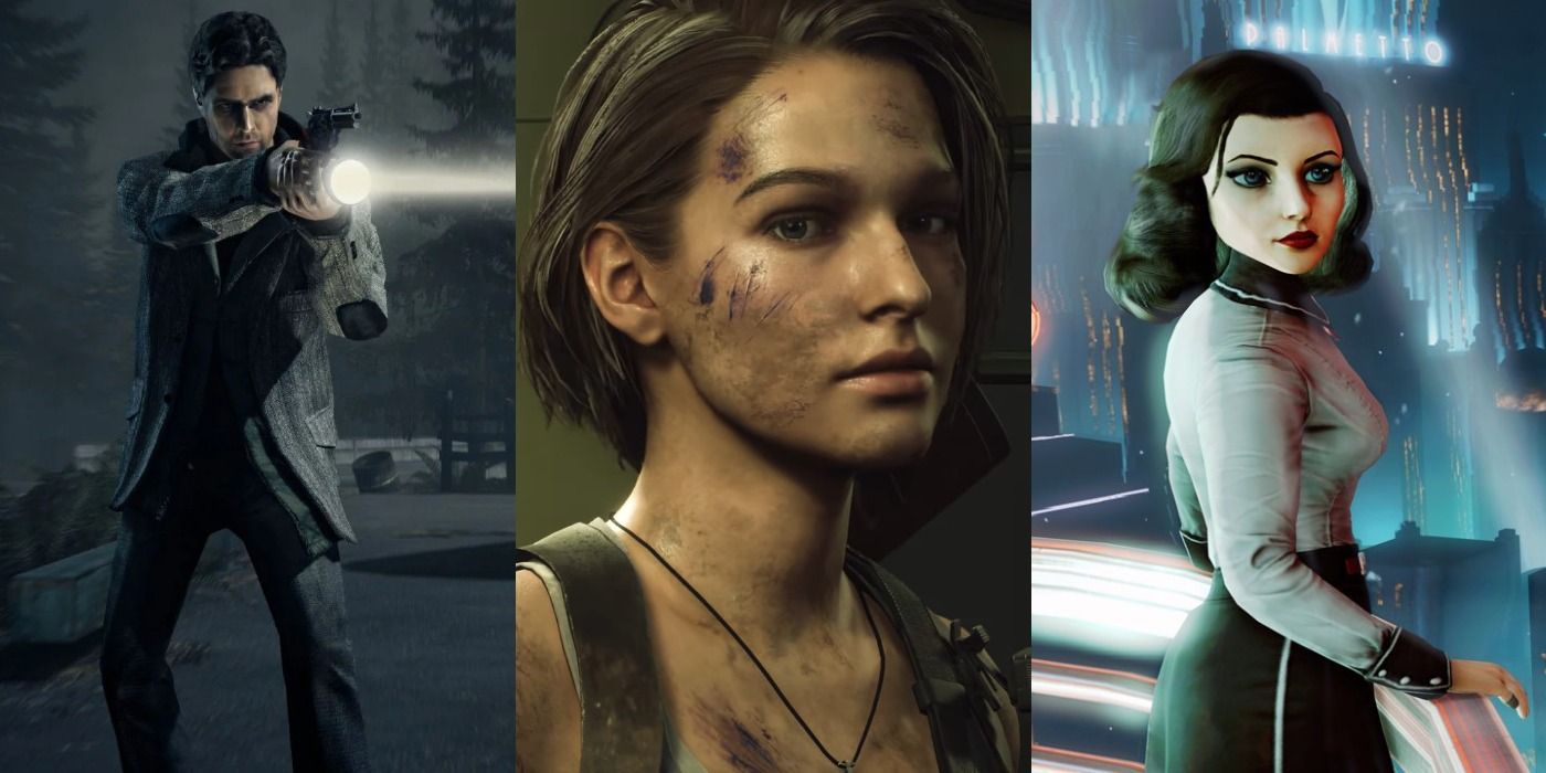 Collage of horror game protagonists Alan Wake, Jill Valentine, and Elizabeth.
