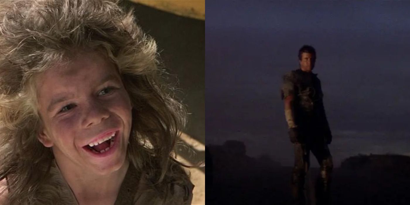 Split image of the Feral Kid smiling &amp; Max at night in The Road Warrior.