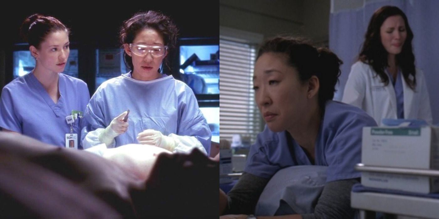 Split image of Cristina with Lexie in an operating room &amp; the two women talking in Grey&rsquo;s Anatomy.