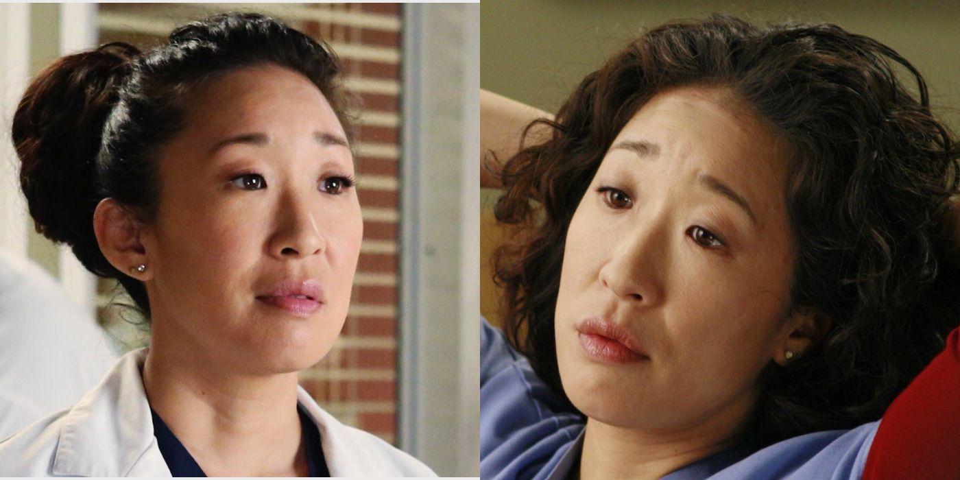 Split image of Cristina Yang in her doctor&rsquo;s uniform &amp; in her casual clothes in Grey&rsquo;s Anatomy.