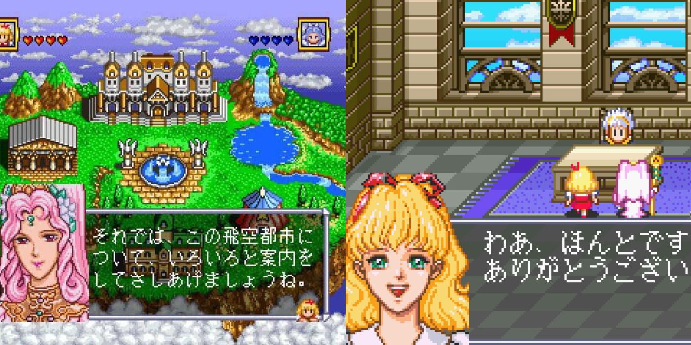Split image of a kingdom and isnide a castle in the video game Angelique.