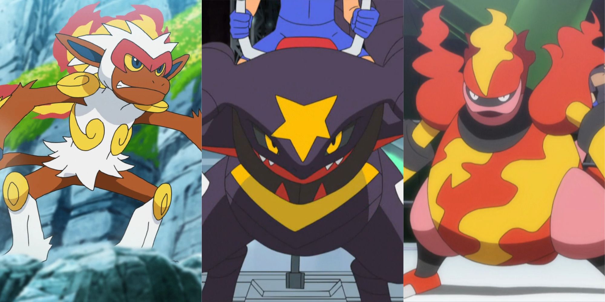 Split image of Infernape, Garchomp, and Magmortar from the Pokemon anime series.