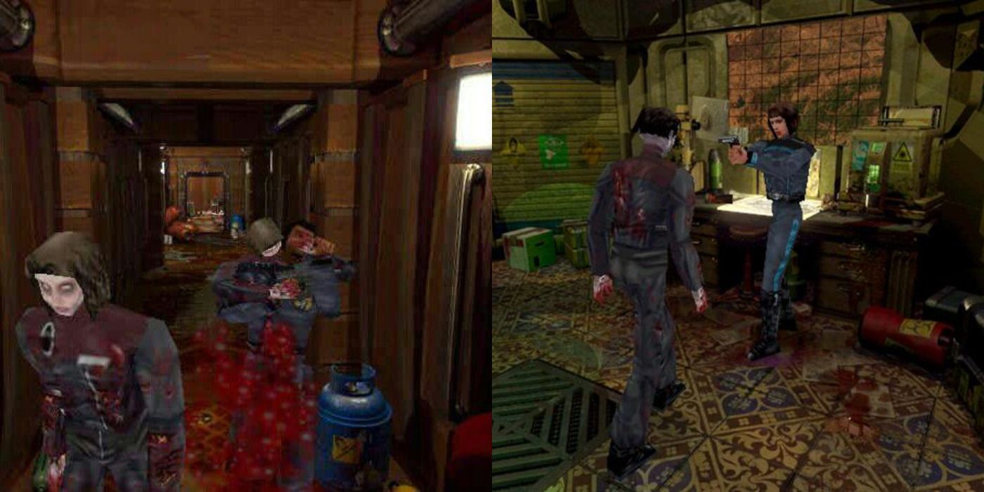 Split image of a zombie eating a man and a woman pointing a gun at a zombie in Martian Gothic.