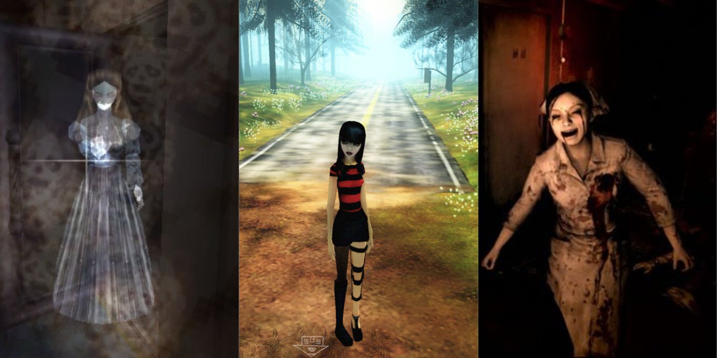 Split image of a ghost in Echo Night, a teenage girl in The Path, and an undead nurse in Siren.