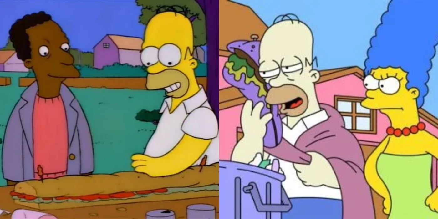 Split image of Carl &amp; Homer touching his hoagie &amp; Homer hugging his hoagie in The Simpsons.