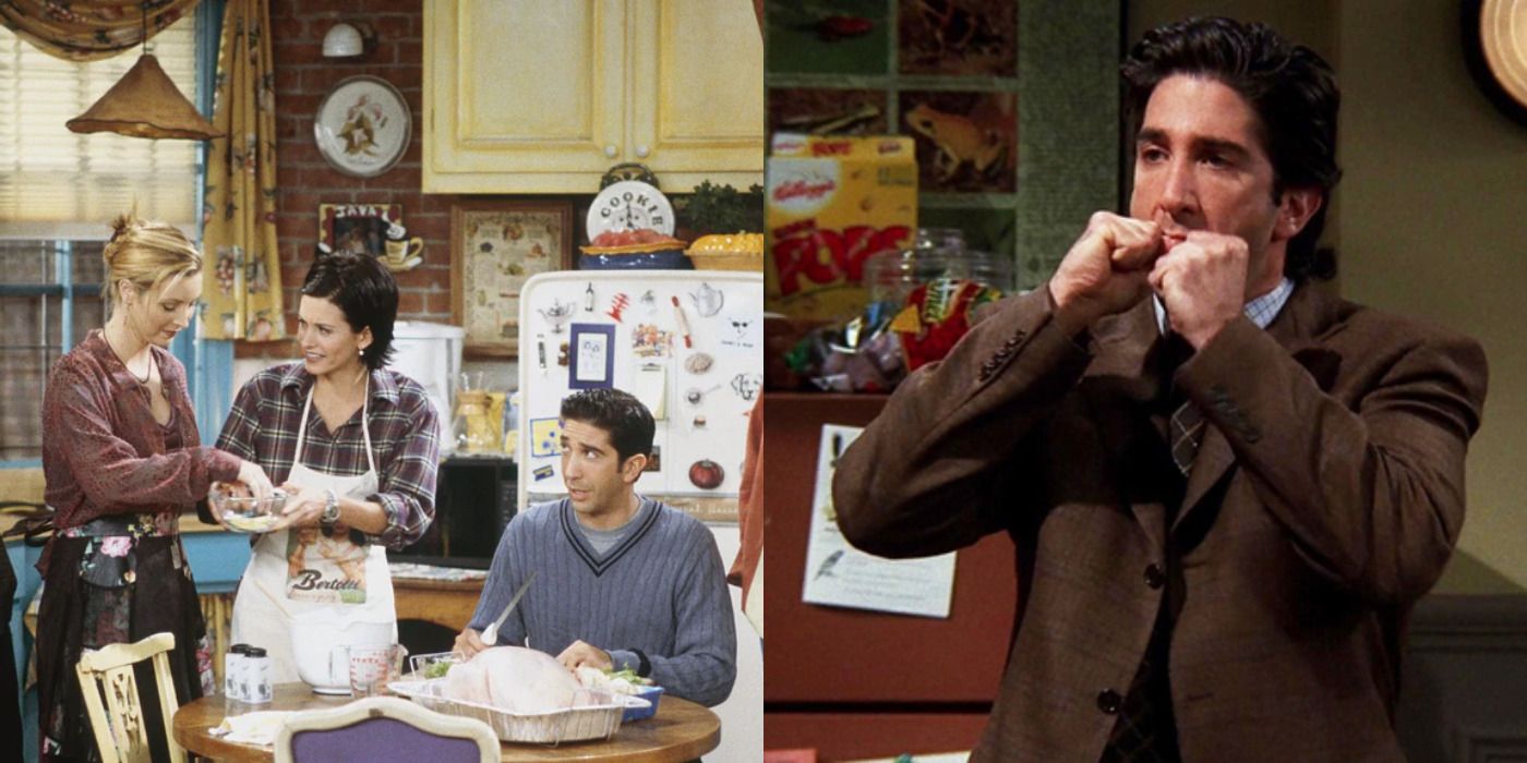 Split image of Phoebe, Monica, &amp; Ross carving a turkey &amp; Ross with his hand to his mouth in Friends.