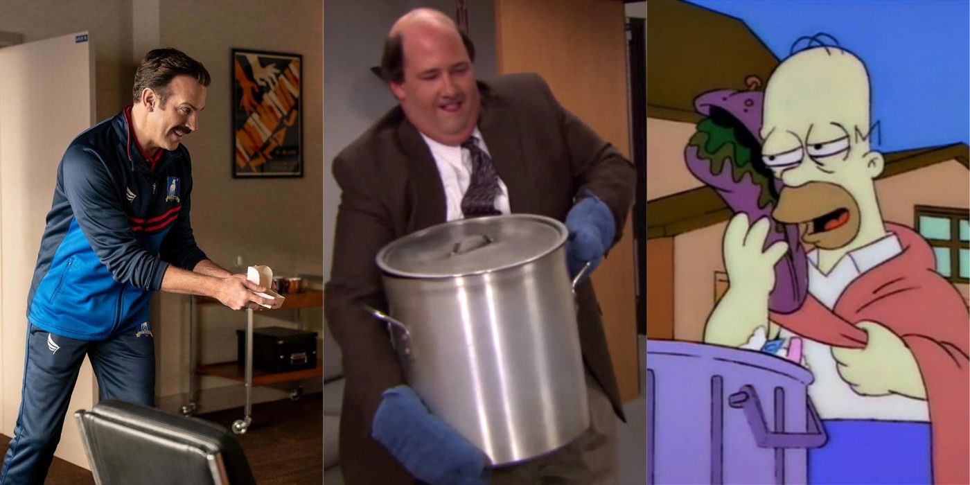 Split image of Ted Lasso, Kevin with chili in The Office, and Homer with a hoagie in The Simpsons.