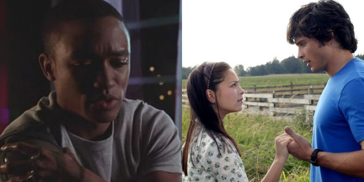 Split image of Cyborg looking sad & Clark and Lana holding hands in Smallville.