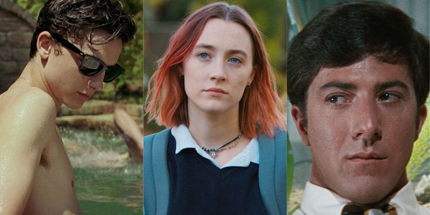 Split image of Elio in Call Me By Your Name, Christine in Ladybird, & Ben Braddock in The Graduate.