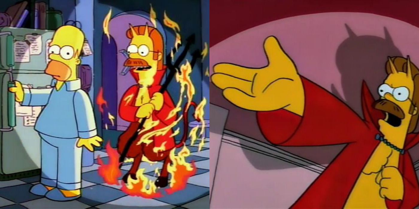 Split image of Devil Ned talking to Homer at the fridge &amp; Devil Ned waving his hand in The Simpsons.