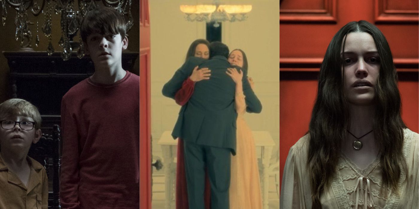Split image of young Steve and Luke, Nell, Olivia &amp; Hugh, and Nell in The Haunting of Hill House.