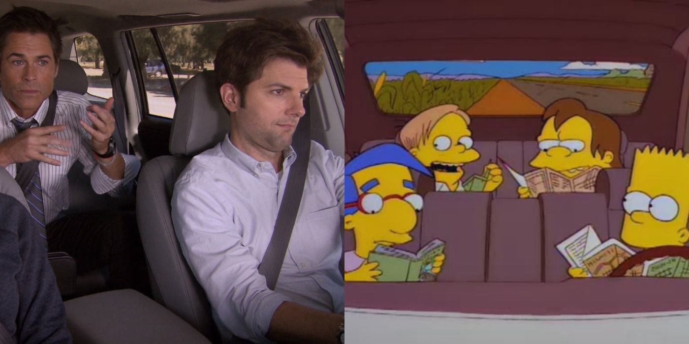 Split image of Ben and Chris in a car in Parks & Recreation and Bart in The Simpsons.