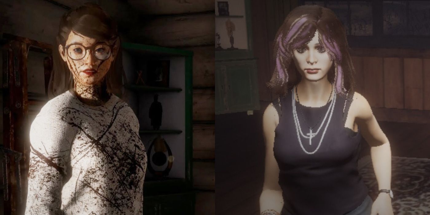 Split image of a bloodied Deb &amp; AJ in a cabin in Friday the 13th The Game.