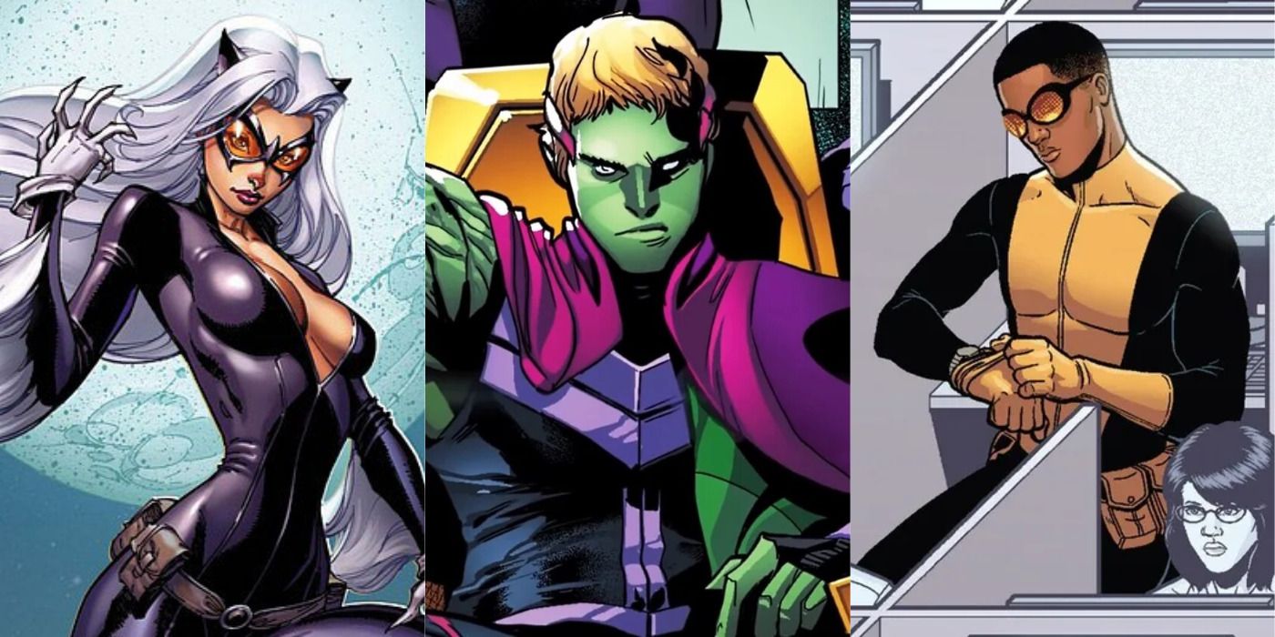 Split image of Black cat, Hulking, and Prodigy checking his watch in Marvel Comics.