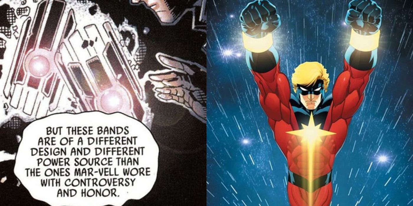 Split image of the Nega Bands glowing &amp; Captain Mar-Vell flying in space from Marvel Comics.