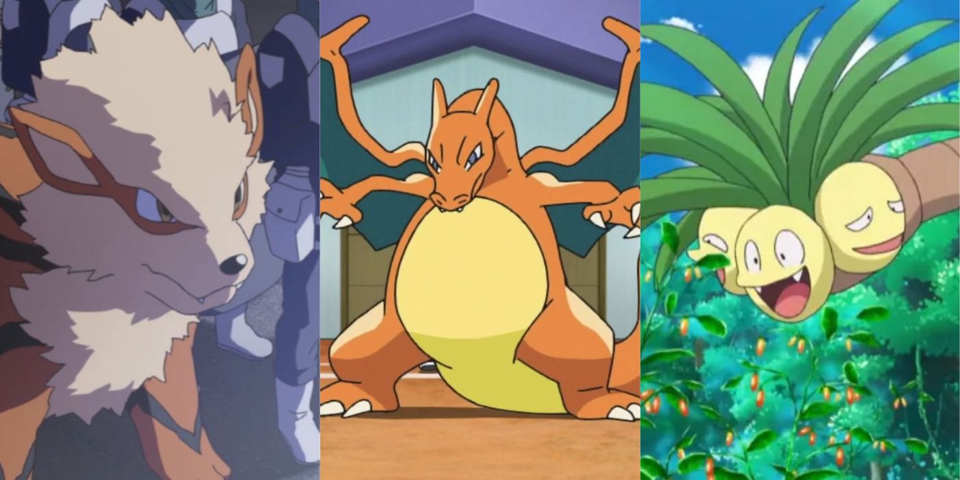 Split image of Arcanine, Charizard with its arms outstretched, & Exeggutor smiling in the Pokemon anime.