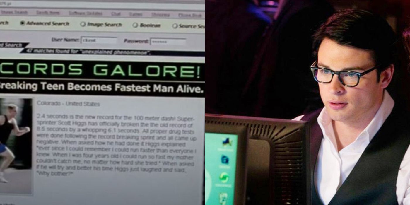 Split image of a computer screen & Clark Kent at a computer in Smallville.