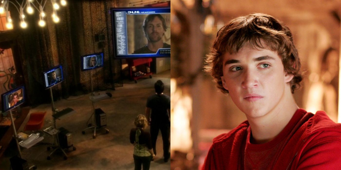 Split image of Clark surrounded by TV monitors & Bart Allen smiling in Smallville.