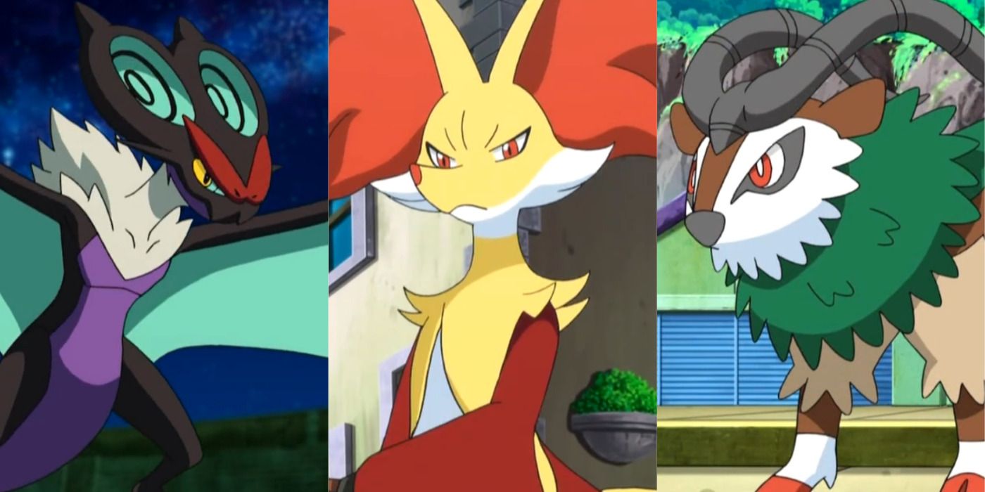 Split image of Noivern, Delphox, & Gogoat ready for battle in the Pokemon anime.