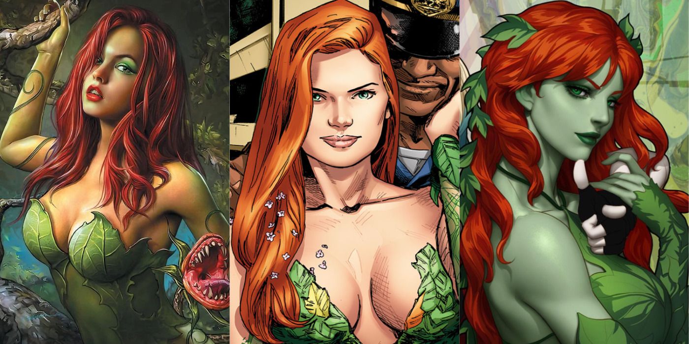 Split image of three different Poison Ivys from DC Comics.