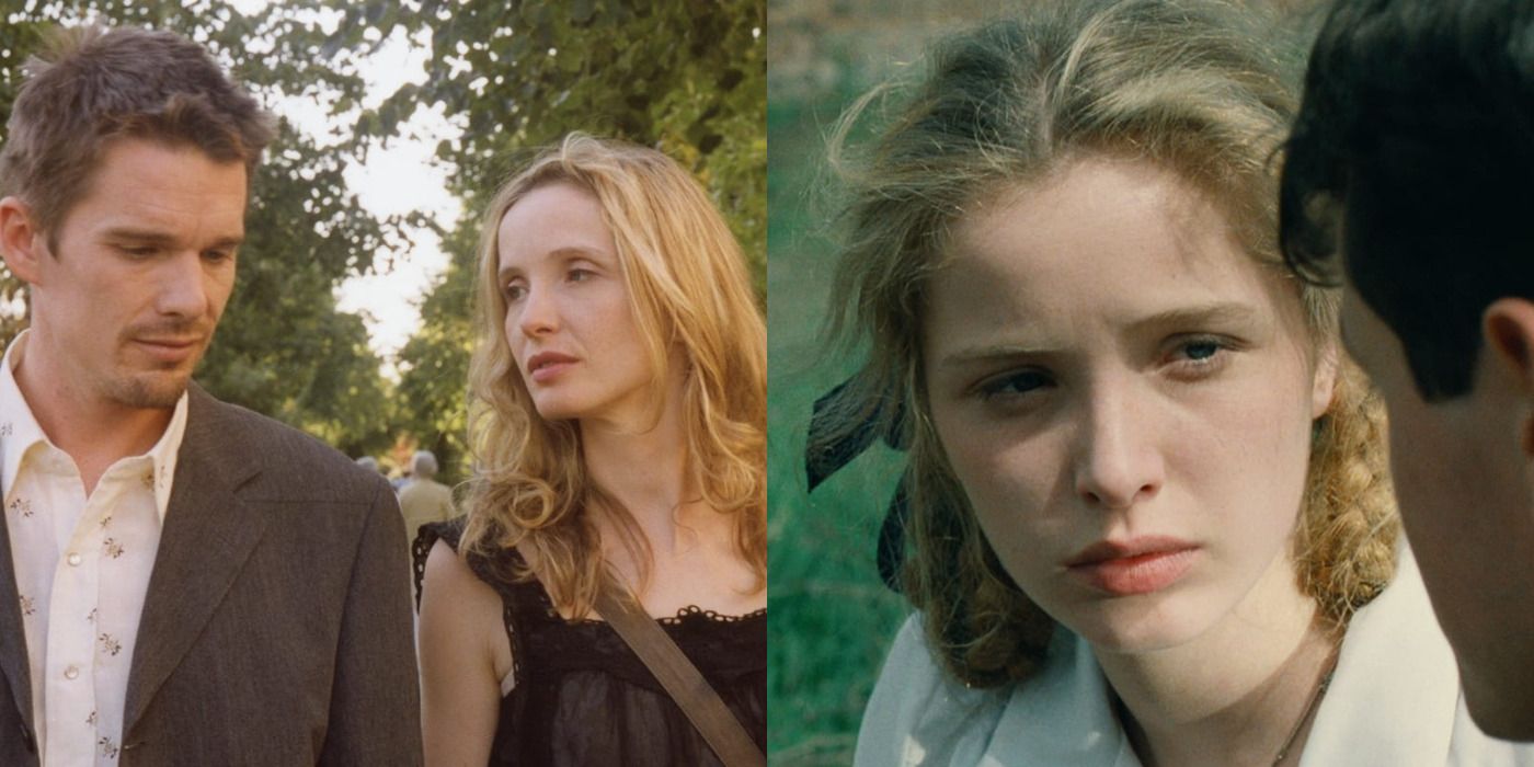 Split image of Ethan Hawke & Julie Delpy in Before Sunset and Delpy in Europa Europa.