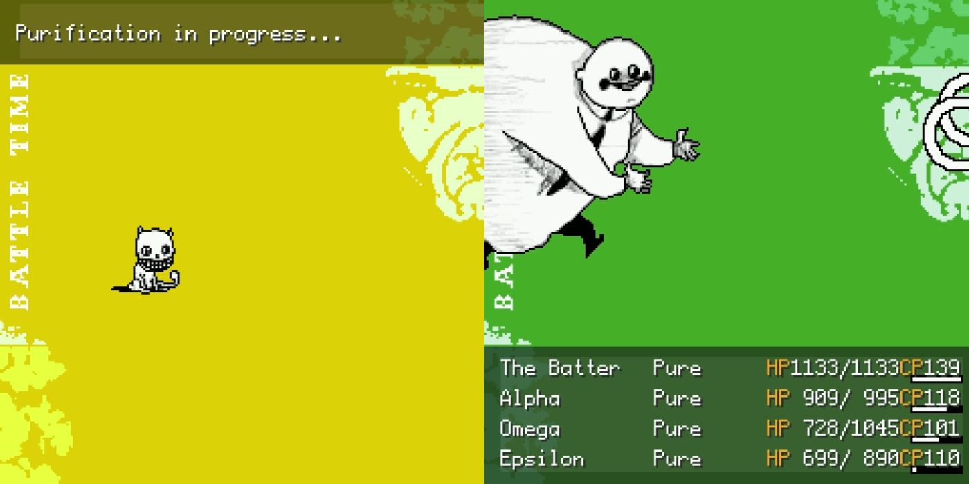 Imagem dividida de uma criatura em um fundo amarelo e um homem gigante em um fundo verde no jogo OFF.