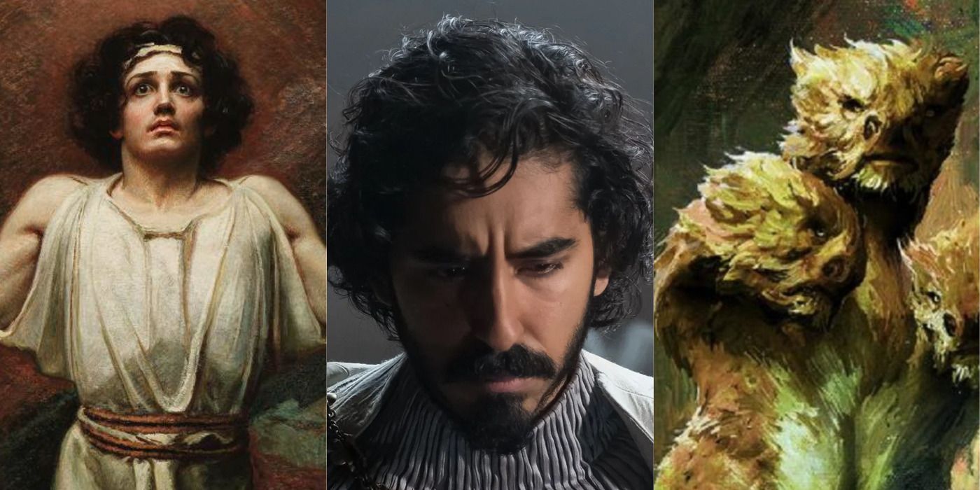 Split image of Percival , Dev Patel bowing his head in The Green Knight, & The Questing Beast.