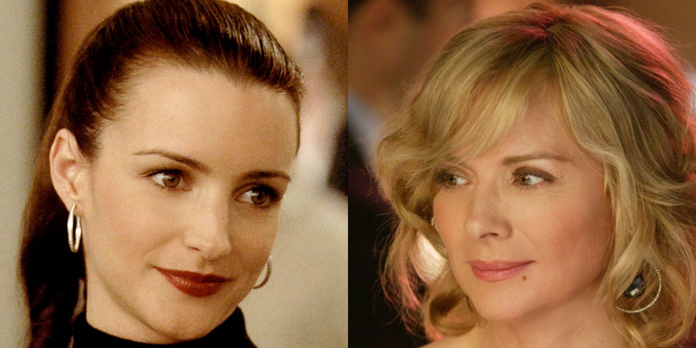 Split image of Charlotte and Samantha at separate parties in Sex and the City.
