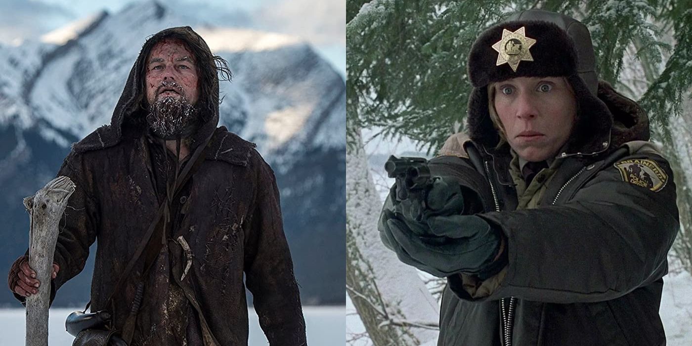 Split image of Leonardo DiCaprio in The Revenant & Frances McDormand in Fargo.