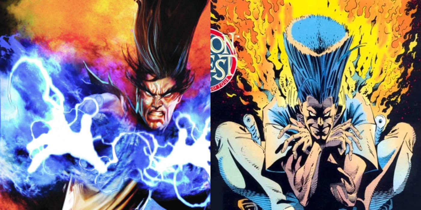 Split image of Legion firing energy blasts &amp; sitting down in Marvel comics.
