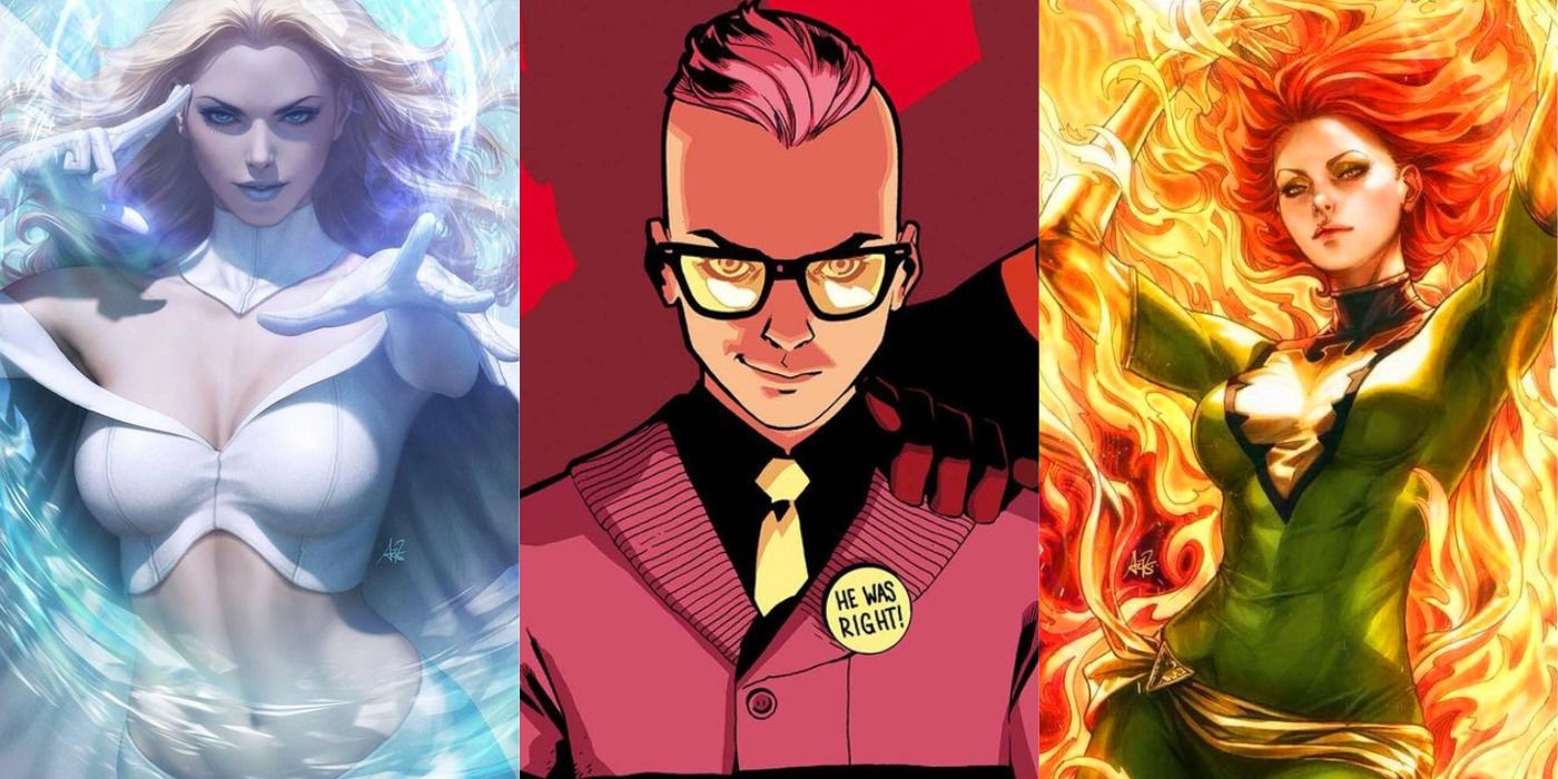 Split image of Emma Frost, Kid Omega smirking, & the Phoenix with flames around her in Marvel comics.
