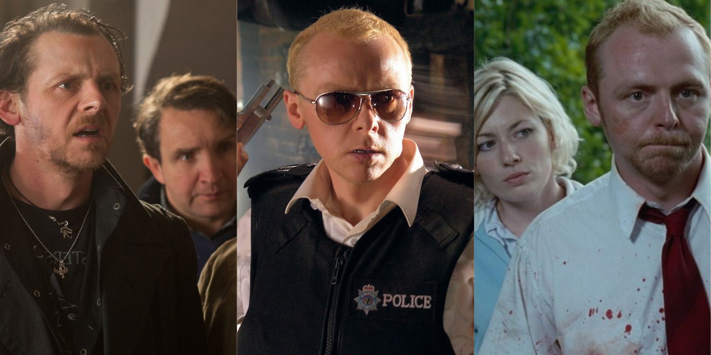 Split image of The World's End, Nicholas with his guns in Hot Fuzz, and Shaun of the Dead.