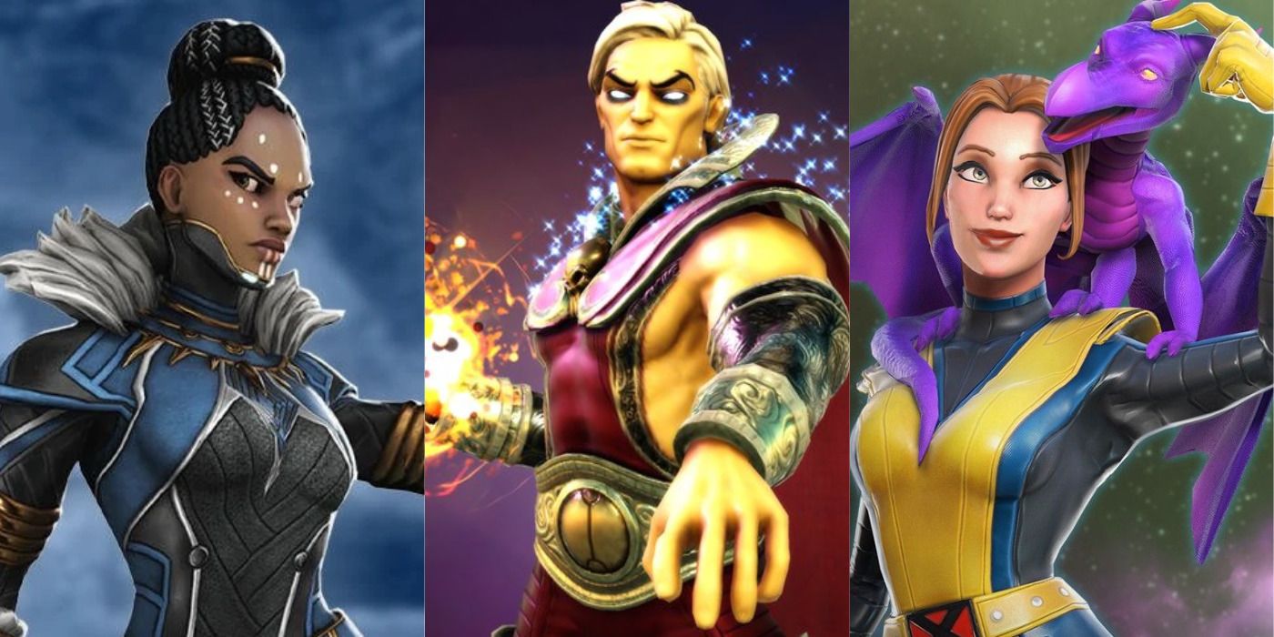 Split image of Shuri, Adam Warlock, and a smiling Kitty Pryde with Lockheed in Marvel Strike Force.