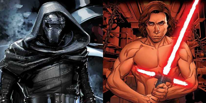 Split image of Kylo Ren in his costume & shirtless with a lightsaber in Marvel Comics.