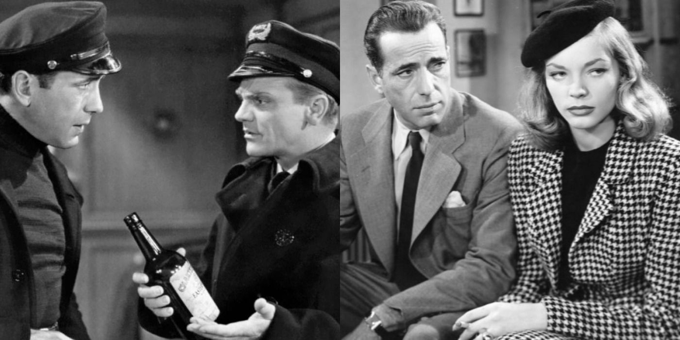 Split image of Humphrey Bogart & James Cagney in The Roaring Twenties and Bogart sitting with Lauren Bacall in The Big Sleep.