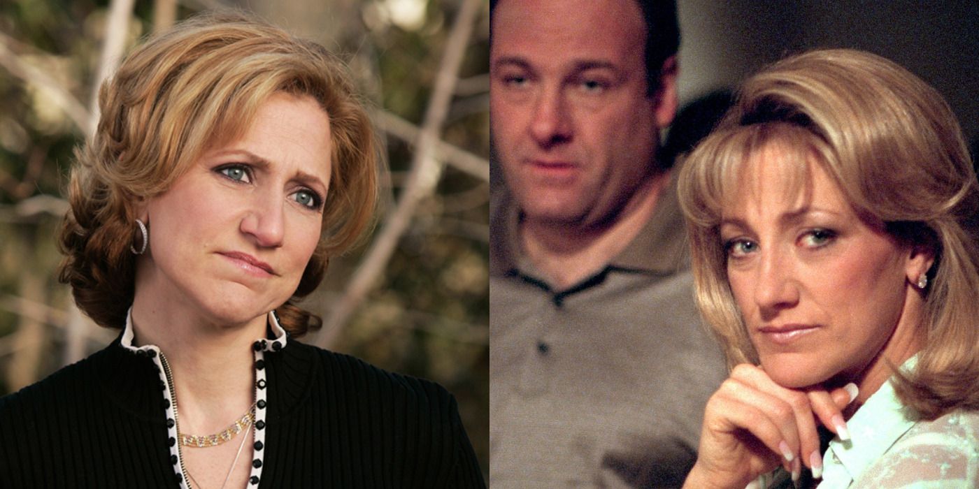 Split image of Carmela tilting her head & her facing the viewer with Tony in the background in The Sopranos.