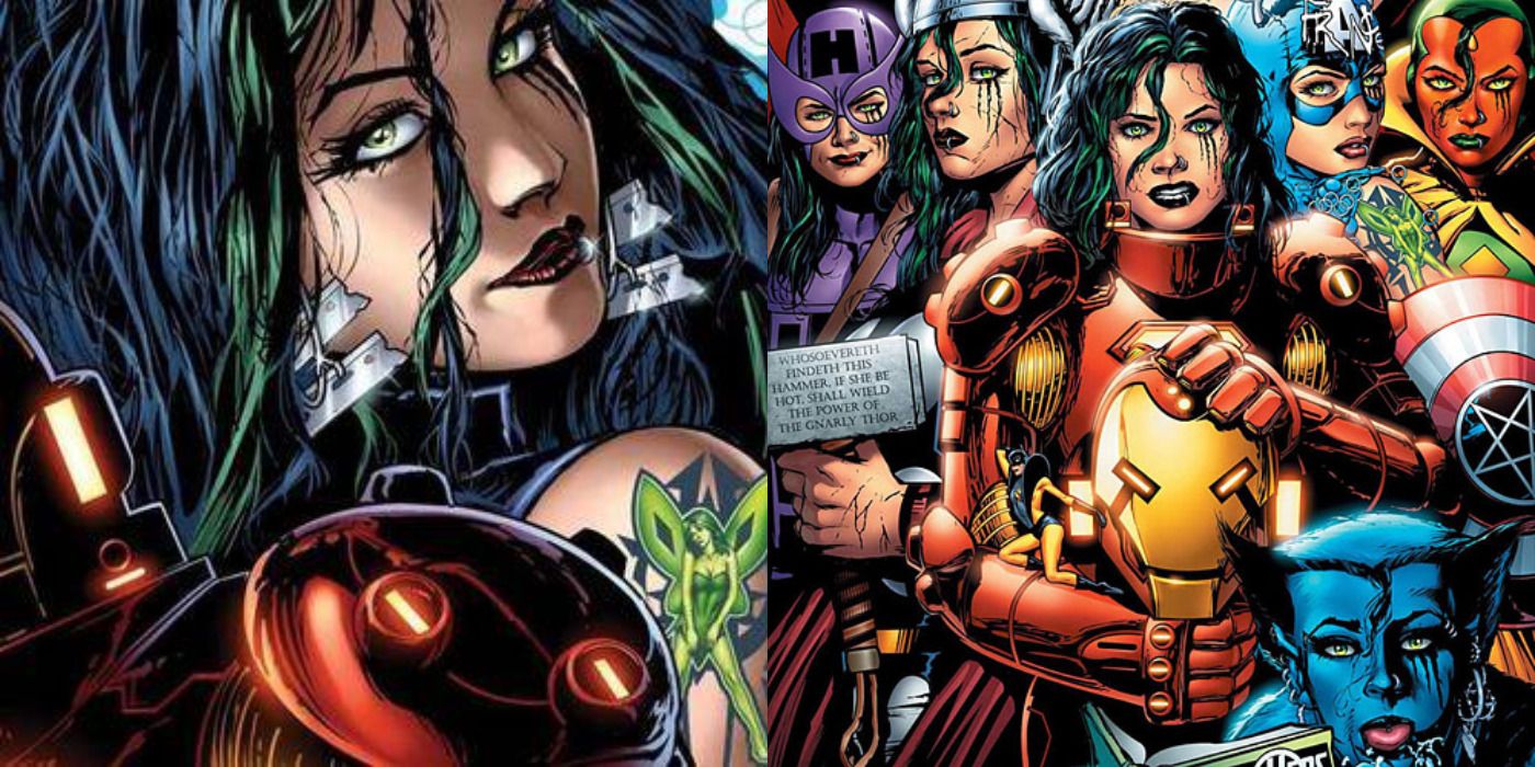 Split image of Absynthe looking over her shoulder &amp; her posing as the Avengers in Marvel Comics.