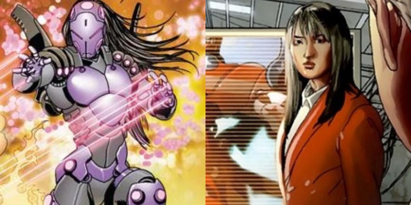 Split image of Sasha in a purple iron suit &amp; in a red school uniform in Marvel Comics.