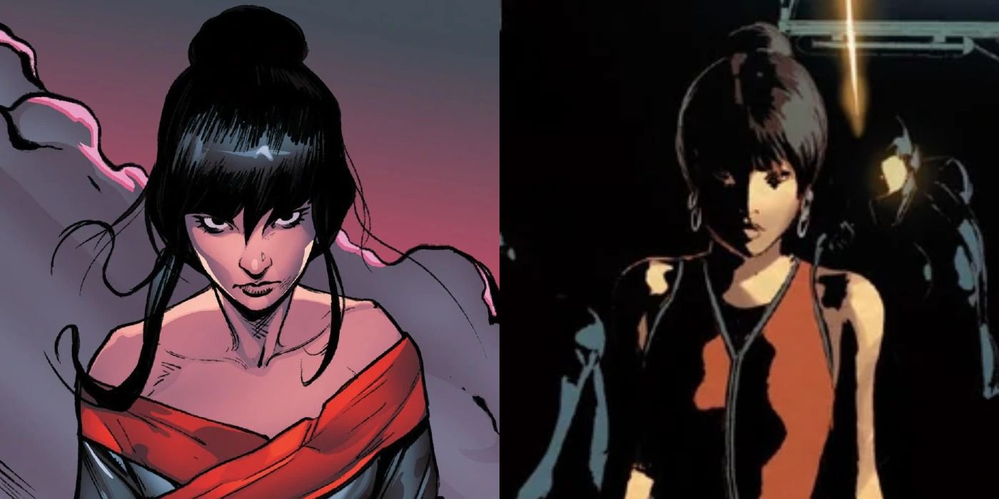 Split image of Tomoe looking at the viewer &amp; Tomoe in a red dress in Iron Man comics.