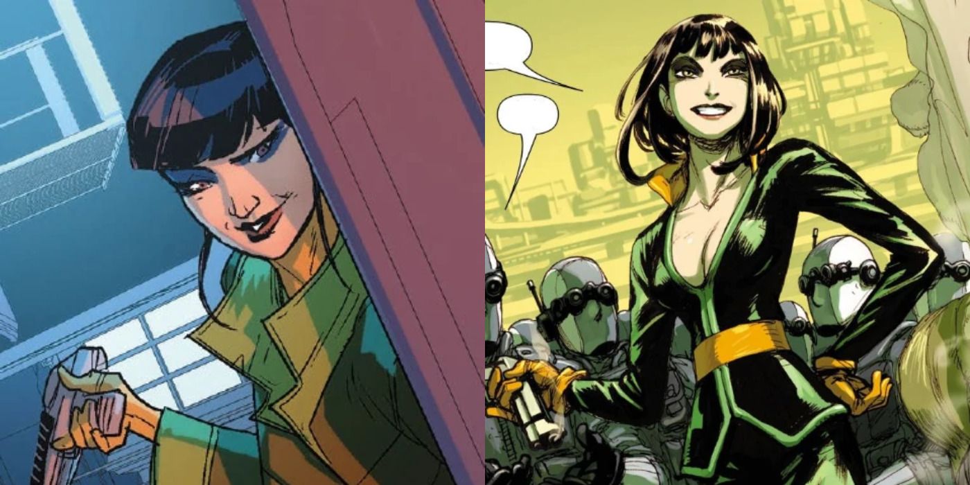 Split image of Sunset Bain looking over a door and in a crowd in Iron Man comics.